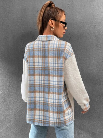 Tartan Print Teddy Panel Drop Shoulder Coat