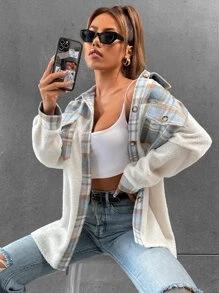 SHEIN Unity Tartan Print Teddy Panel Drop Shoulder Coat - Multicolor - View 3