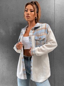 SHEIN Unity Tartan Print Teddy Panel Drop Shoulder Coat - Multicolor - View 5