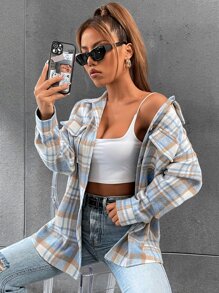 SHEIN Unity Áo khoác ngoài nữ Túi Nút phía trước Sọc ca rô Sẵn sàng - Nhiều màu - Xem 1