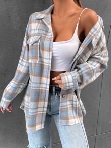 SHEIN Unity Áo khoác ngoài nữ Túi Nút phía trước Sọc ca rô Sẵn sàng - Nhiều màu - Xem 3