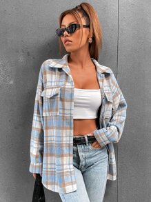 SHEIN Unity Áo khoác ngoài nữ Túi Nút phía trước Sọc ca rô Sẵn sàng - Nhiều màu - Xem 4