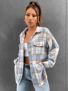 SHEIN Unity Áo khoác ngoài nữ Túi Nút phía trước Sọc ca rô Sẵn sàng - Nhiều màu - Xem 5