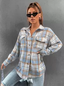 SHEIN Unity Áo khoác ngoài nữ Túi Nút phía trước Sọc ca rô Sẵn sàng - Nhiều màu - Xem 6