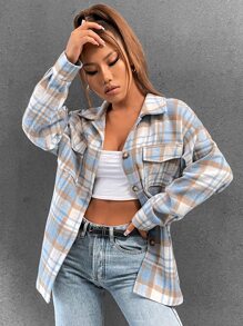 SHEIN Unity Áo khoác ngoài nữ Túi Nút phía trước Sọc ca rô Sẵn sàng - Nhiều màu - Xem 7