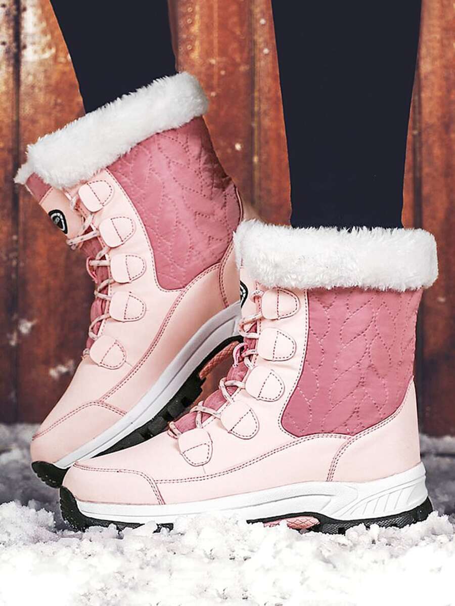 Giày đi Tuyết Nữ Tương phản lông thú giả Kẻ sọc - Hồng - Xem 1