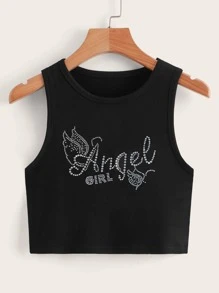ROMWE Top tank con letra con diamante de imitación - Negro - Ver 1