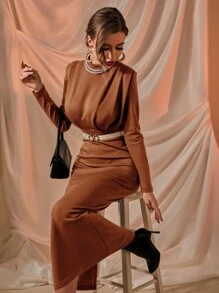 Modelyn Solid Mock Neck Split & Mermaid Hem Dress Without Belt - Burnt Orange - View 1