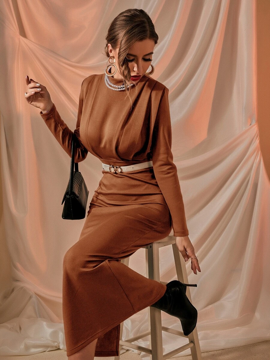 Modelyn Solid Mock Neck Split & Mermaid Hem Dress Without Belt - Burnt Orange - View 1