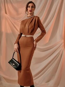 Modelyn Solid Mock Neck Split & Mermaid Hem Dress Without Belt - Burnt Orange - View 4