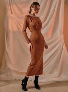 Modelyn Solid Mock Neck Split & Mermaid Hem Dress Without Belt - Burnt Orange - View 5