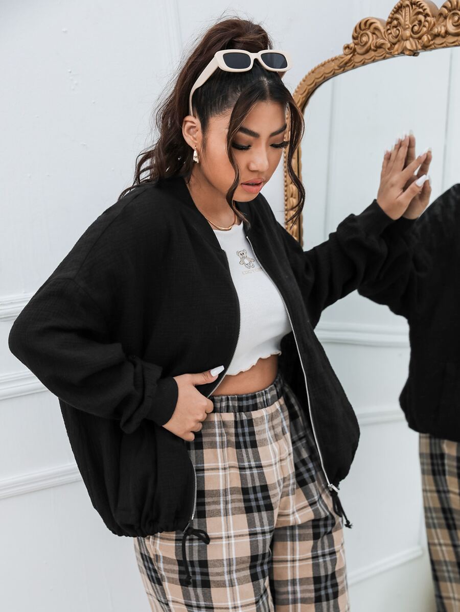 SHEIN Plus Drop Shoulder Drawstring Hem Zipper Bomber Jacket - Black - View 1