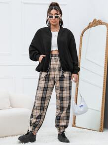 SHEIN Plus Drop Shoulder Drawstring Hem Zipper Bomber Jacket - Black - View 3