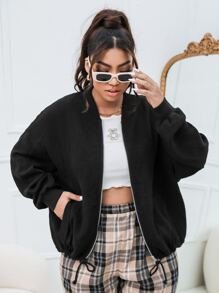 SHEIN Plus Drop Shoulder Drawstring Hem Zipper Bomber Jacket - Black - View 4