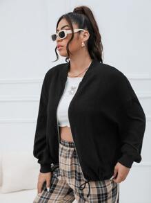 SHEIN Plus Drop Shoulder Drawstring Hem Zipper Bomber Jacket - Black - View 5