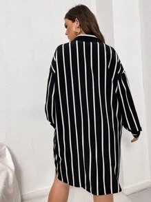 SHEIN Clasi 大碼條紋圖案落肩袖襯衫連衣裙 - 黑與白 - 查看 2
