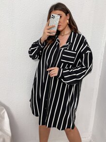 SHEIN Clasi 大碼條紋圖案落肩袖襯衫連衣裙 - 黑與白 - 查看 4