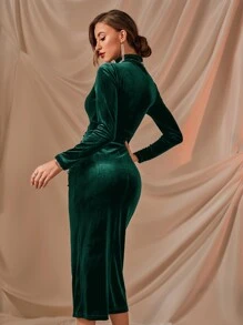 Ruched Stand Collar Split Velvet Dress - Dark Green - View 2