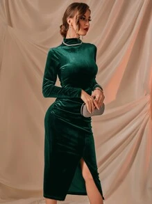 Ruched Stand Collar Split Velvet Dress - Dark Green - View 4
