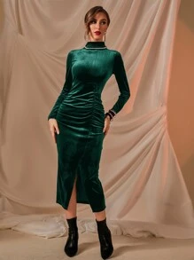 Ruched Stand Collar Split Velvet Dress - Dark Green - View 5