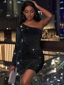 Zolique Vestido ajustado de un hombro fruncido - Negro - Ver 1