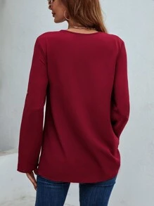 SHEIN LUNE 半拉鏈捲邊袖襯衫 - 酒紅色 - 查看 2
