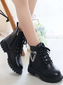 Girls Chain Decor Combat Boots - Black - View 2