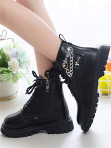 Girls Chain Decor Combat Boots - Black - View 3