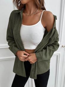 SHEIN LUNE 1入組素色前排扣襯衫 - 軍綠色 - 查看 1