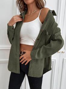 SHEIN LUNE 1入組素色前排扣襯衫 - 軍綠色 - 查看 6