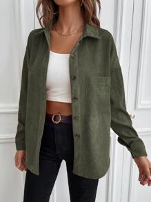 SHEIN LUNE 1入組素色前排扣襯衫 - 軍綠色 - 查看 4