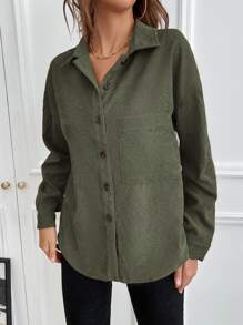 SHEIN LUNE 1入組素色前排扣襯衫 - 軍綠色 - 查看 3