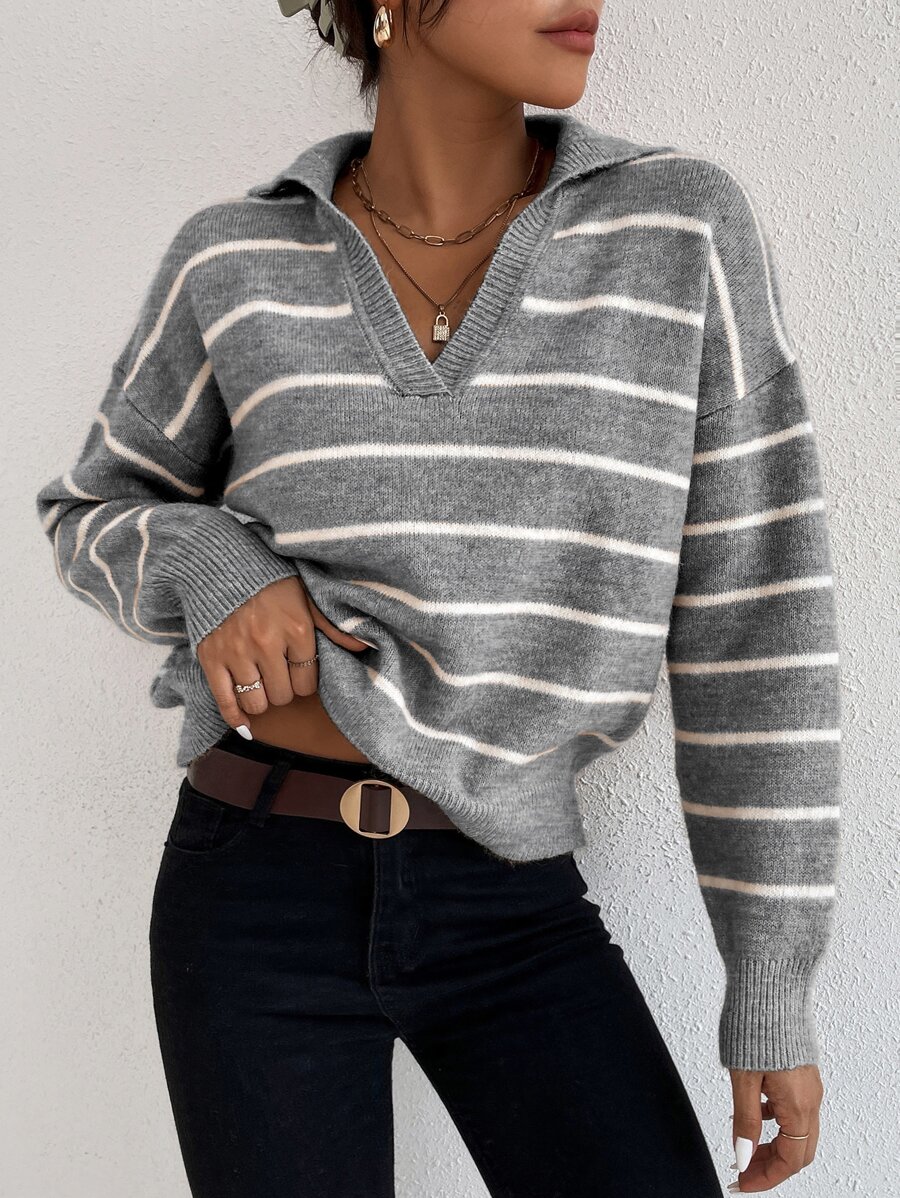 EMERY ROSE Striped Notched Drop Shoulder Sweater,Long Sleeve Tops Knit Pullover Fall Winter Outfit - Multicolor - View 1