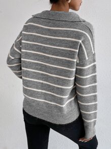 EMERY ROSE Striped Notched Drop Shoulder Sweater,Long Sleeve Tops Knit Pullover Fall Winter Outfit - Multicolor - View 2