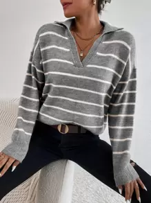 EMERY ROSE Striped Notched Drop Shoulder Sweater,Long Sleeve Tops Knit Pullover Fall Winter Outfit - Multicolor - View 7