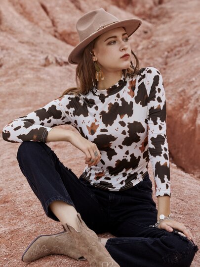 Cow Print Form-Fitting Mock Neck Long Sleeve Tee