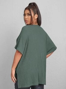 SHEIN Essnce 大碼華夫格編織開叉前短後長T恤 - 綠色 - 查看 2