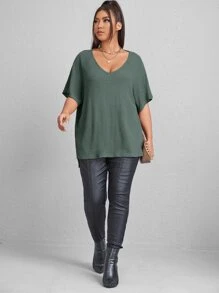 SHEIN Essnce 大碼華夫格編織開叉前短後長T恤 - 綠色 - 查看 4