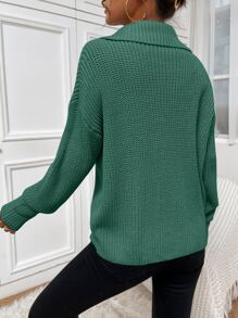 SHEIN Unity 條紋針織半拉鏈落肩袖套頭毛衣 - 綠色 - 查看 2