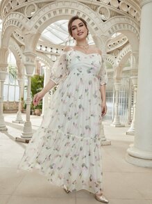 SHEIN Belle Plus Floral Print Transparent Strap Formal Dress - White - View 1