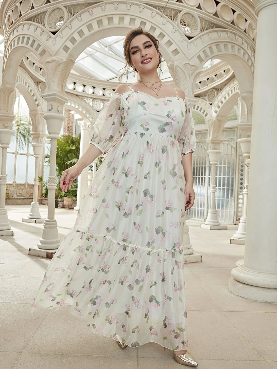 SHEIN Belle Plus Floral Print Transparent Strap Formal Dress - White - View 1