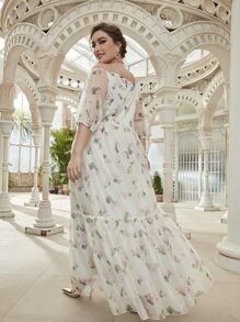 SHEIN Belle Plus Floral Print Transparent Strap Formal Dress - White - View 2