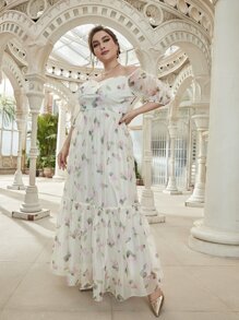 SHEIN Belle Plus Floral Print Transparent Strap Formal Dress - White - View 4