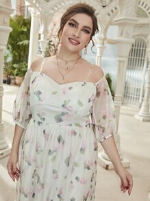 SHEIN Belle Plus Floral Print Transparent Strap Formal Dress - White - View 5