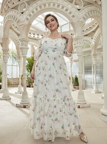 SHEIN Belle Plus Floral Print Transparent Strap Formal Dress - White - View 6