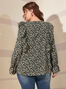 SHEIN Unity Plus Ditsy Floral Print Contrast Lace Ruffle Trim Flounce Sleeve Blouse - Multicolor - View 2