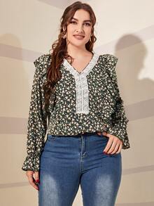 SHEIN Unity Plus Ditsy Floral Print Contrast Lace Ruffle Trim Flounce Sleeve Blouse - Multicolor - View 3