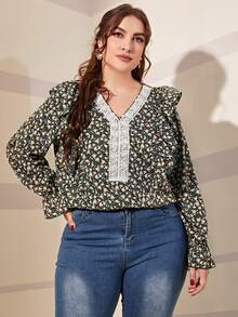 SHEIN Unity Plus Ditsy Floral Print Contrast Lace Ruffle Trim Flounce Sleeve Blouse - Multicolor - View 5