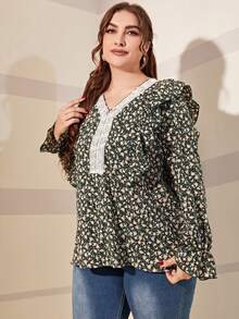 SHEIN Unity Plus Ditsy Floral Print Contrast Lace Ruffle Trim Flounce Sleeve Blouse - Multicolor - View 6