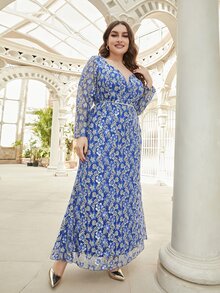 Đầm Plus Size Thắt lưng Hoa Hấp dẫn - Màu xanh lam - Xem 4
